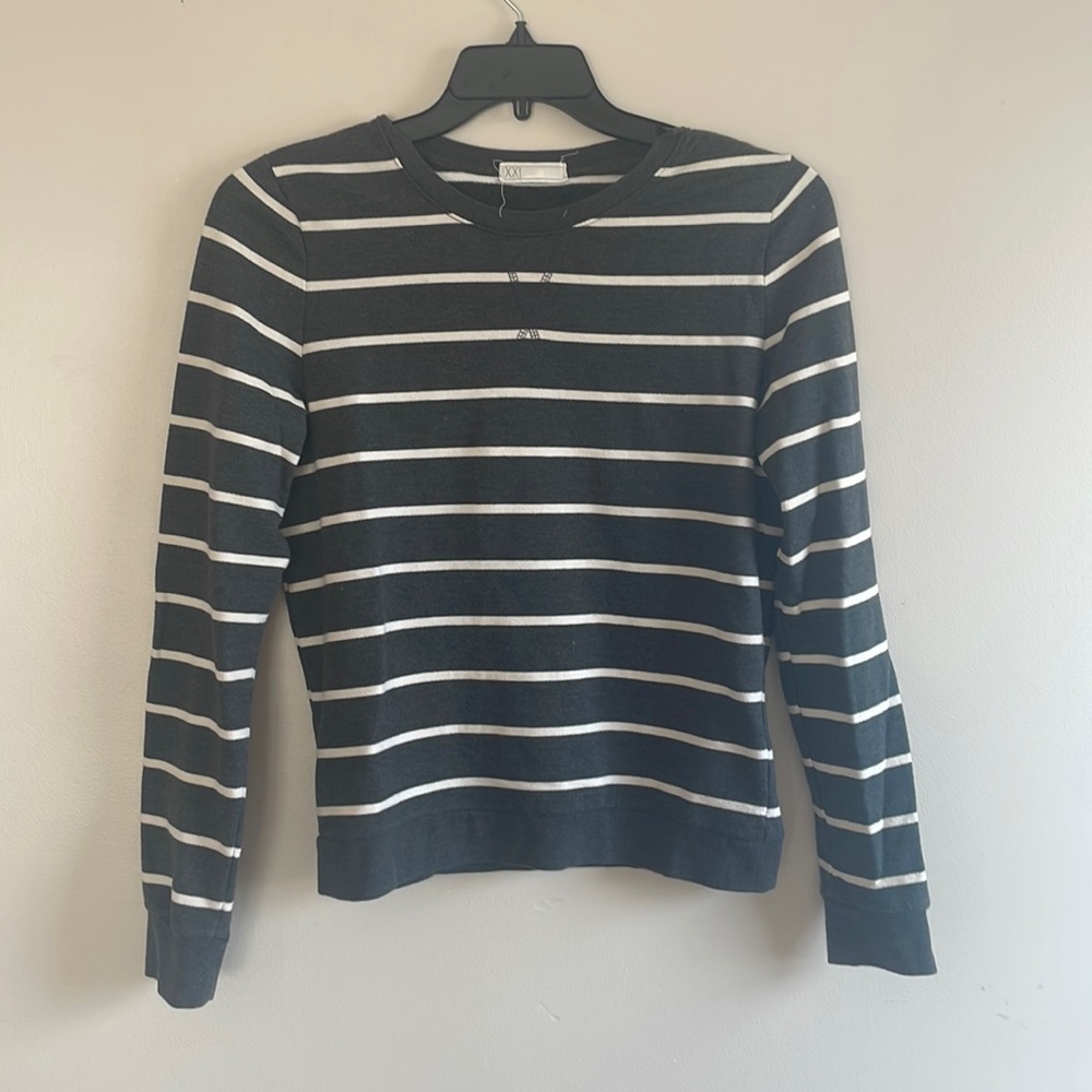 Grey and white striped crew neck sweatshirt